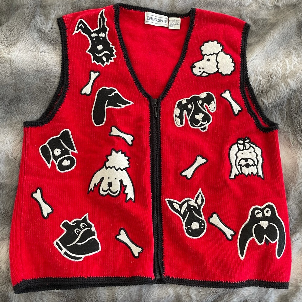 Vintage 90s Red Knit Zip Up Embroidered Poodle Yorkie Dog Sweater Vest